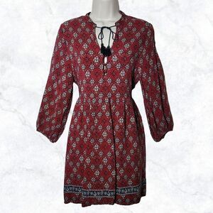 Forever 21 Red Boho Long Sleeve Tunic Dress W/ Tassels